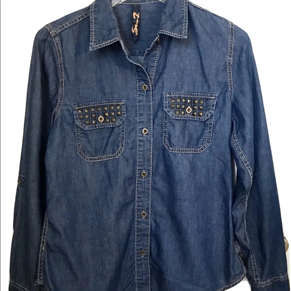 Seven Women’s Embellished Denim Roll Up Sleeve Blouse Blue M - Picture 2 of 11